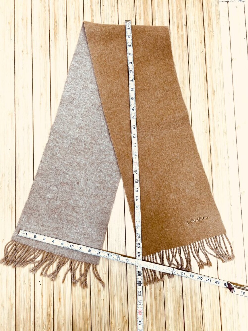 Lancel Paris   Reversible Wool Scaf 58"x10" Sand Beige  light gray Fringe(32 - Picture 12 of 13